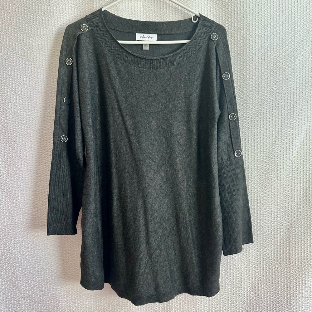 MELISSA PAIGE Gray Knit Sweater XL Button Sleeve Crew Neck Long Tunic Pullover